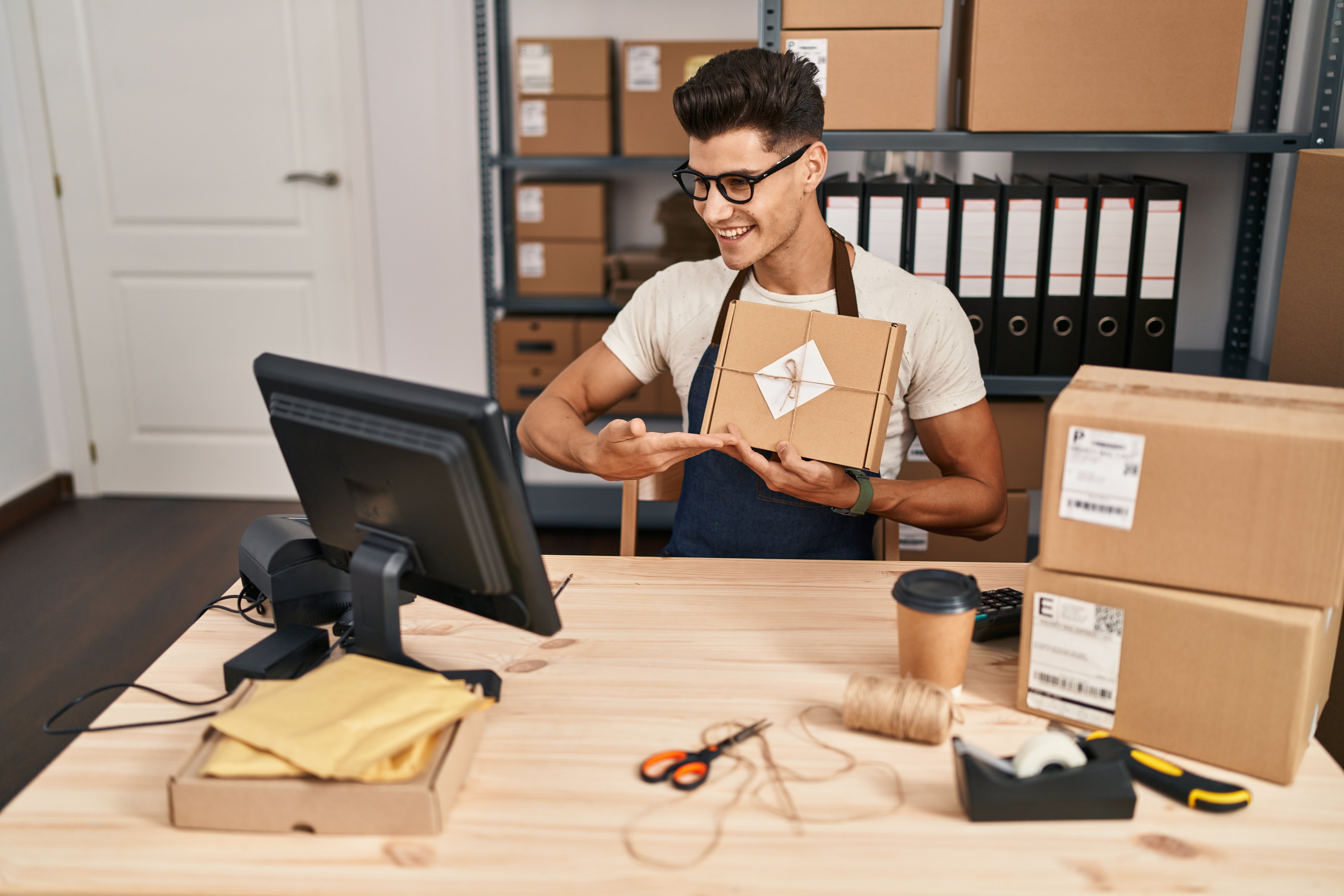 young hispanic man ecommerce business worker having video call showing package at office